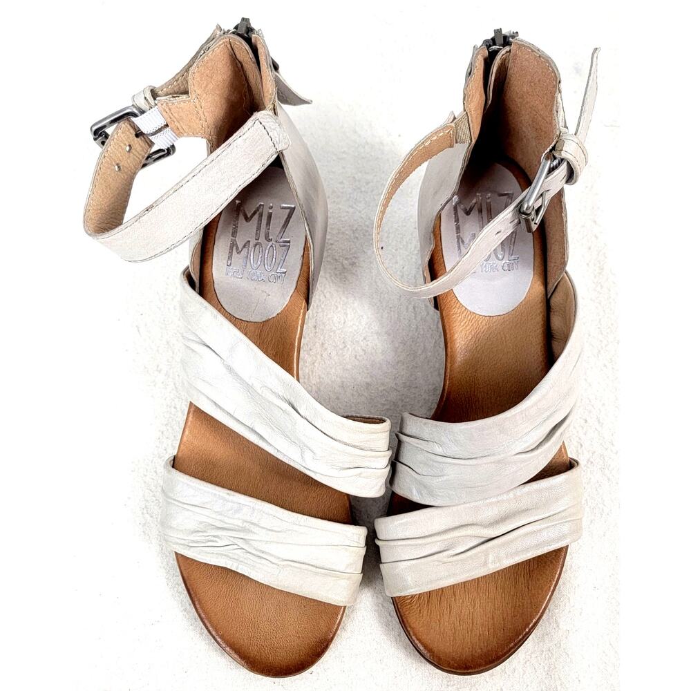 Miz Mooz Cassie Leather Sandals Beige Ankle Strap Block Heel EU 38